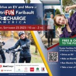 Flyer for an event from 2023 in Faribault, Minnesota. Image of two mature smiling adults, one woman and one man, on electric bikes. Another image of a young woman leaning out of a car and a young man behind her charging an electric vehicle.