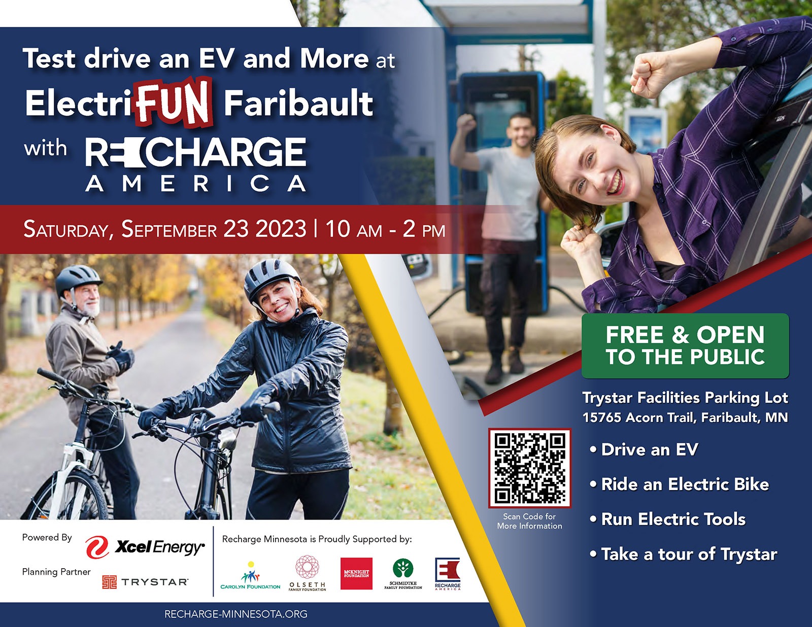 Flyer for an event from 2023 in Faribault, Minnesota. Image of two mature smiling adults, one woman and one man, on electric bikes. Another image of a young woman leaning out of a car and a young man behind her charging an electric vehicle.