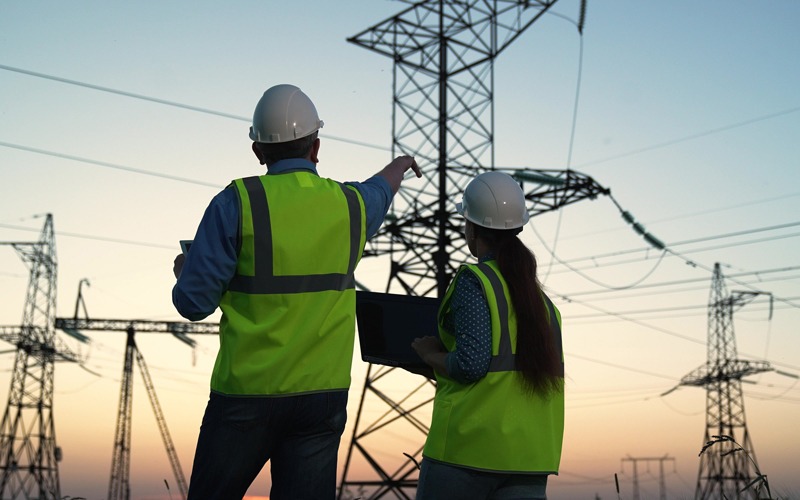 A man and a woman in safety jackets and helmets look toward an electrical grid tower.