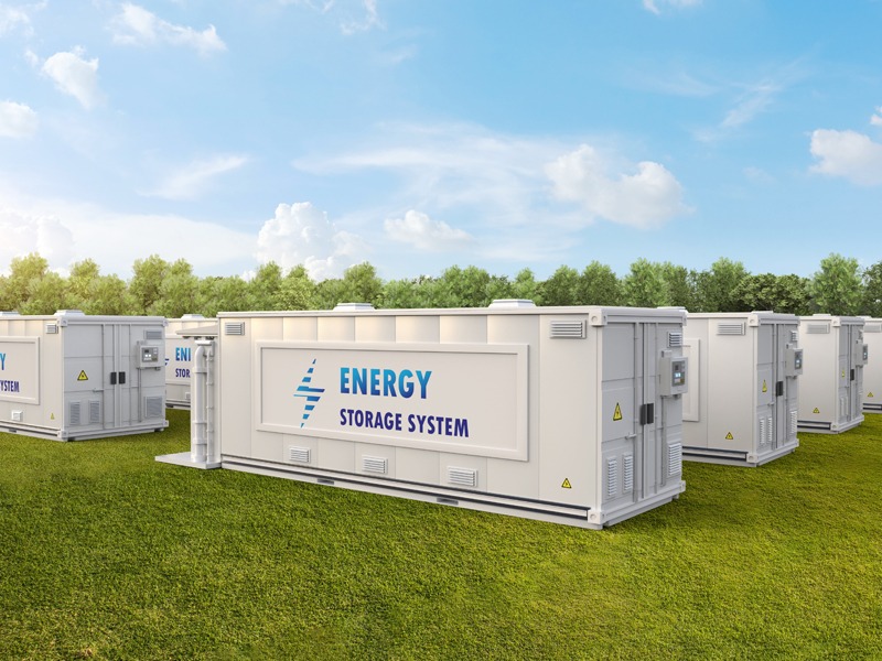Large battery storage units on a green field.