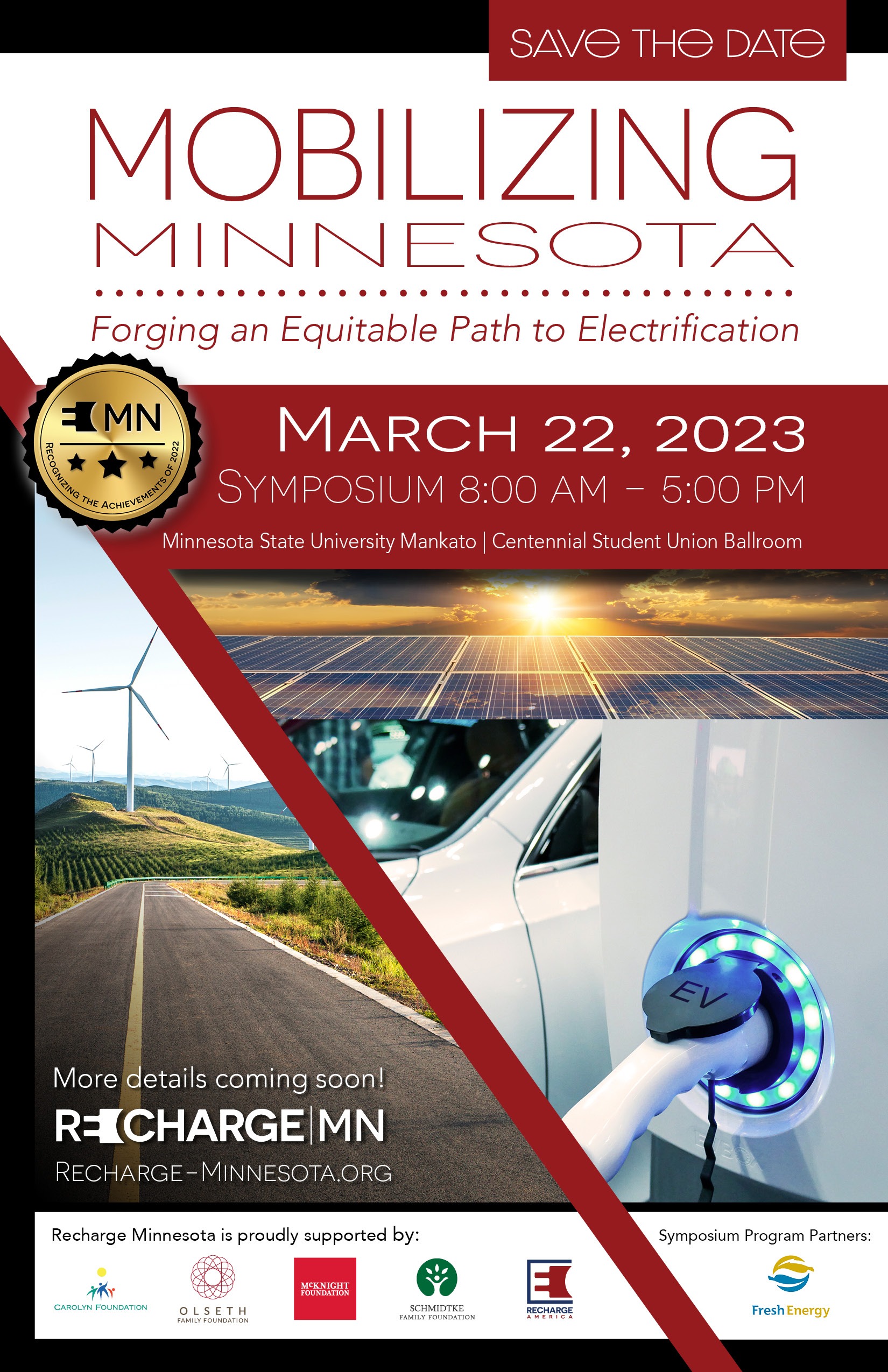 Flyer for the Recharge America Symposium 2023 in Minnesota entitled Mobilizing Minnesota, Forging an Equitable Path to Electrification.